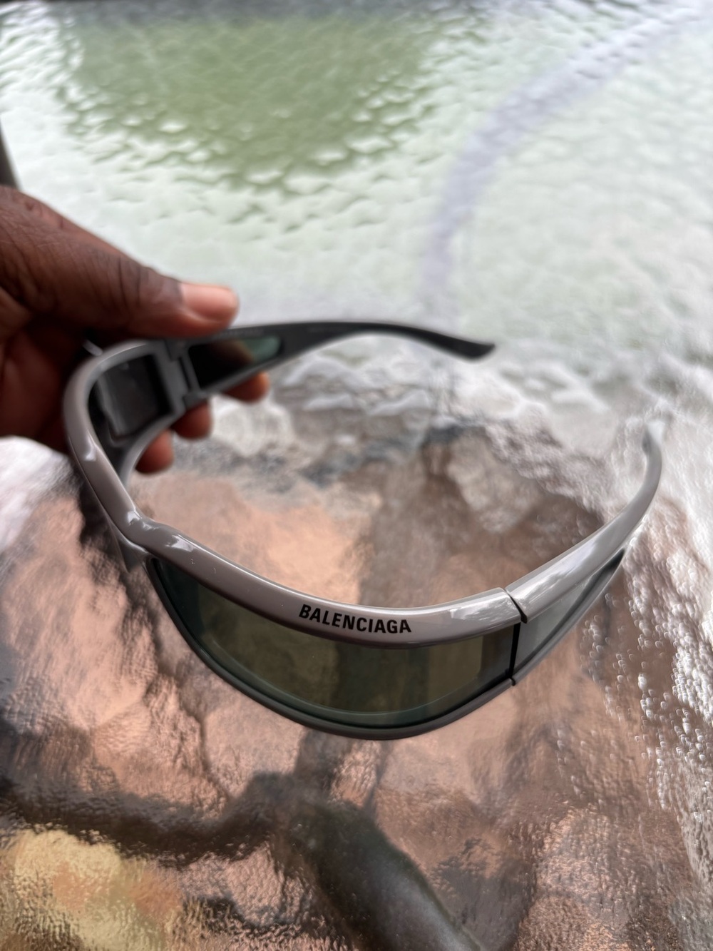 Balenciaga Light Grey Shield Sunglasses with Green Lenses